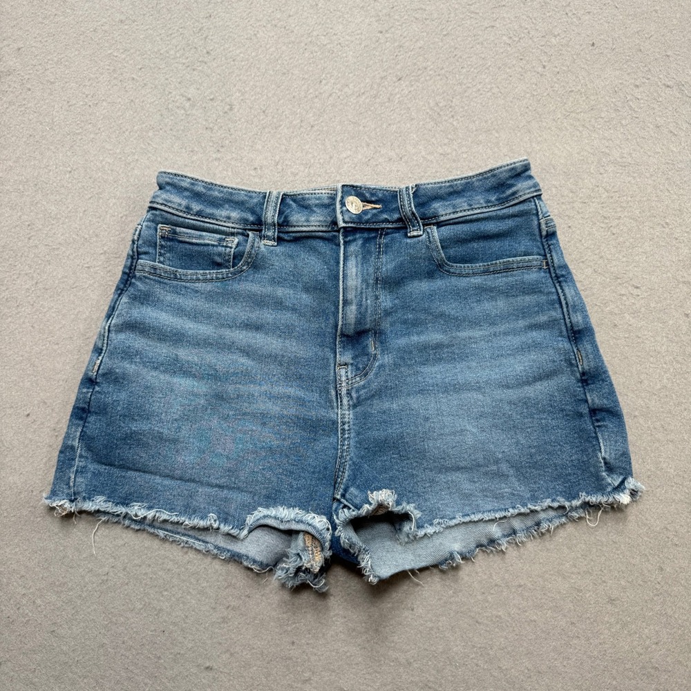 American Eagle‎ Booty Shorts Women's 2 Blue Stretch High Rise Whiskered Summer